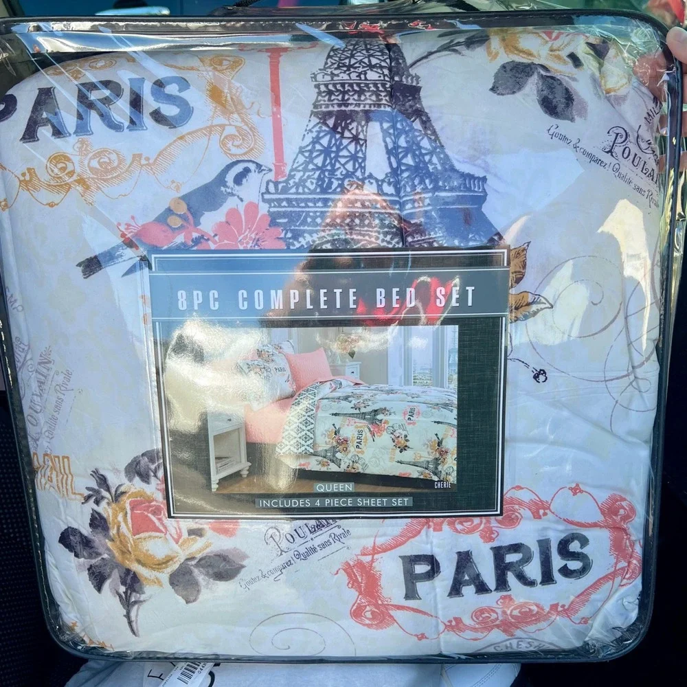 Avondale Manor 8-Piece Cherie Comforter Set Queen Coral Paris Eiffel Tower NEW